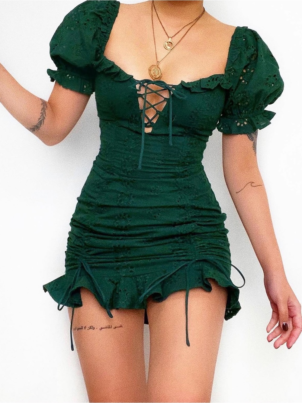 Lace-Up Puff Sleeve Mini Dress in Emerald Green